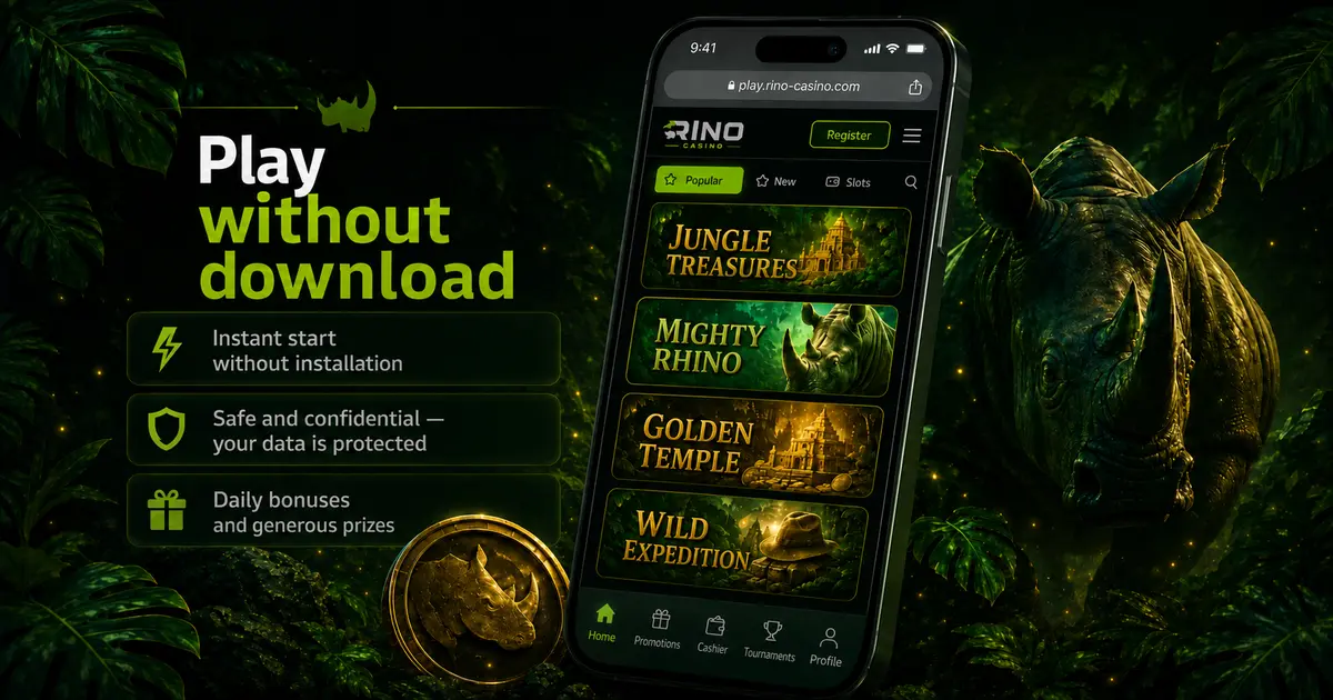 Adaptive web version of the Rino Casino site on a smartphone screen in green-black tones