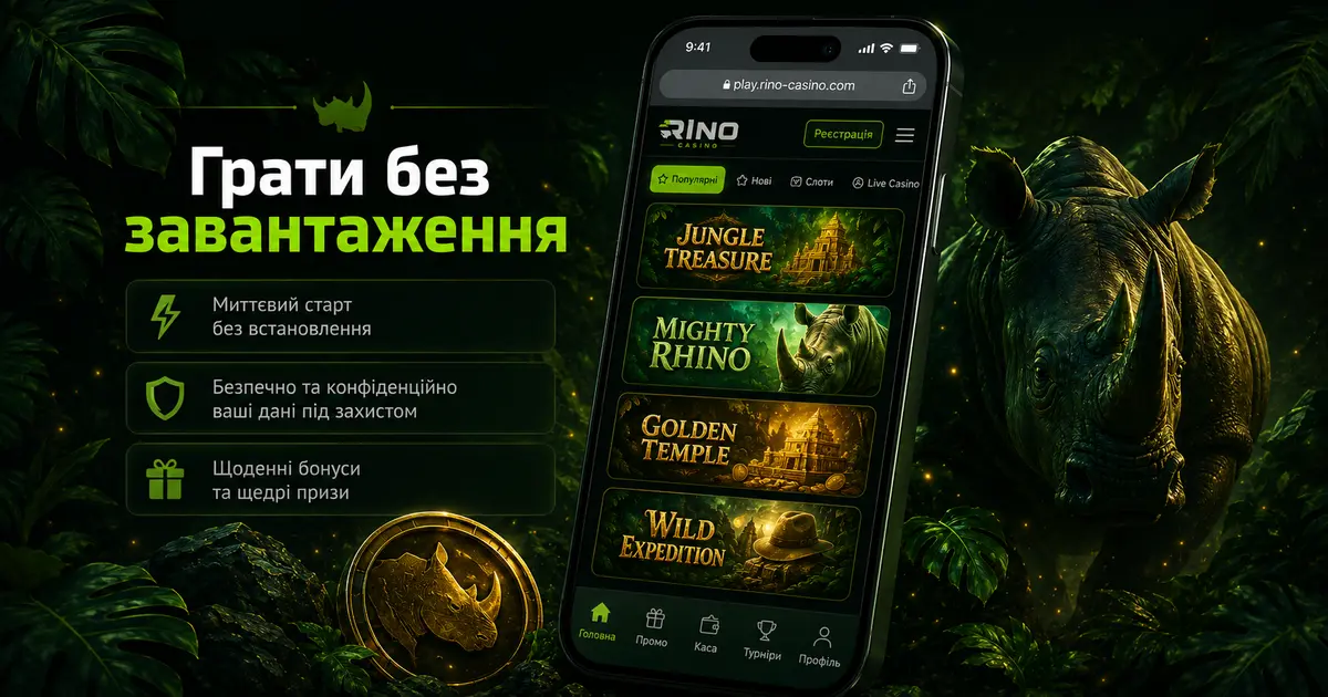 Адаптивна веб-версія майданчика Ріно Казино на екрані смартфона у зелено-чорній гамі