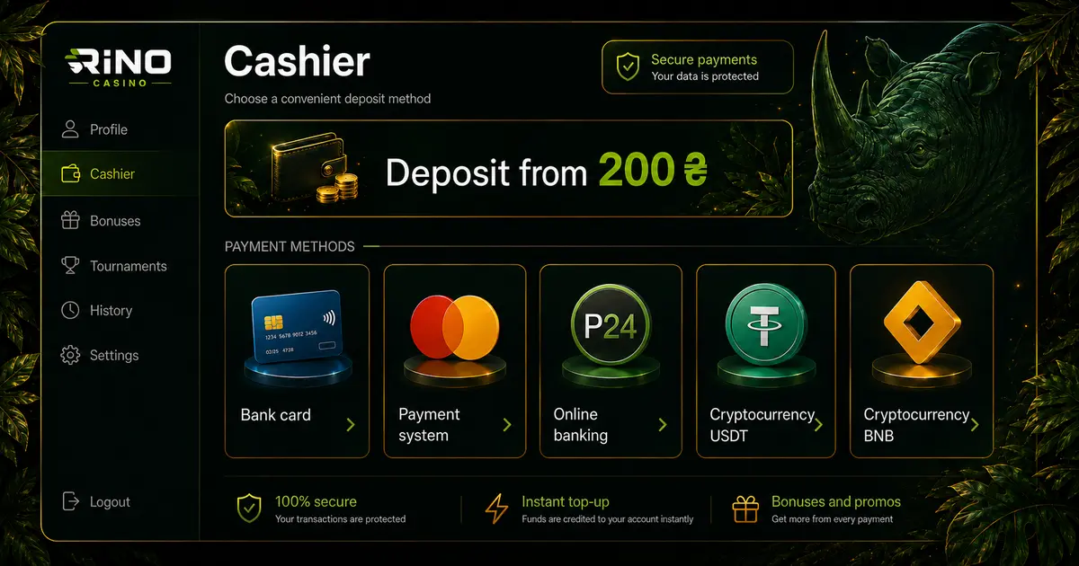 Payment method icons in the cashier: Visa, Mastercard, Privat24, USDT, Binance Pay
