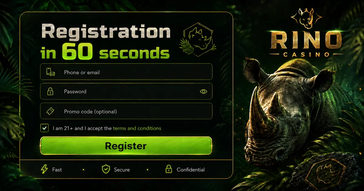Account creation form on the Rino Casino site with phone and password fields