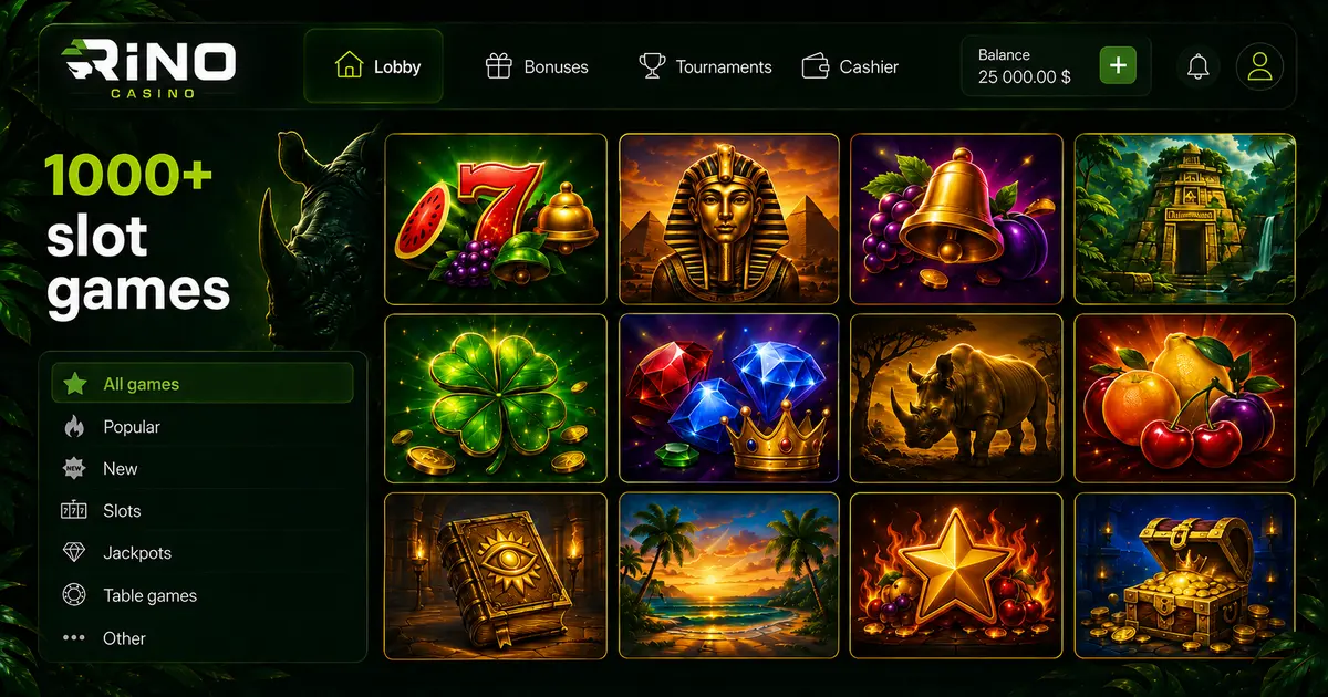 Video slot tiles in the lobby of the Rino Casino brand on a dark background