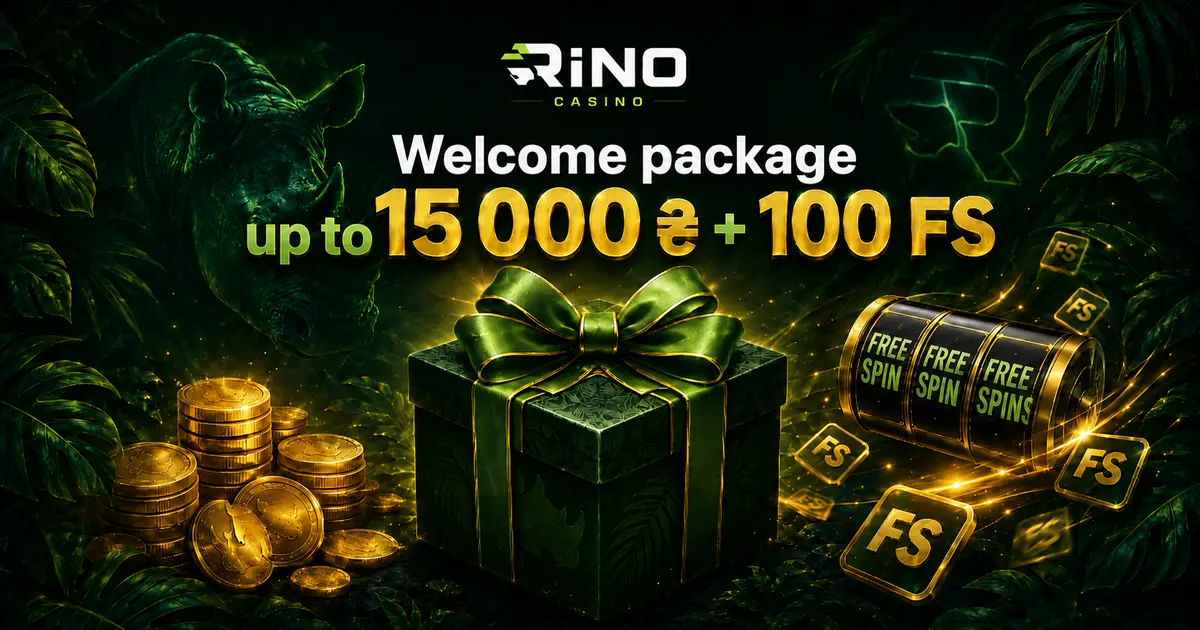 Visualisation of the Rino Casino welcome package labelled 15,000 hryvnias and 100 spins
